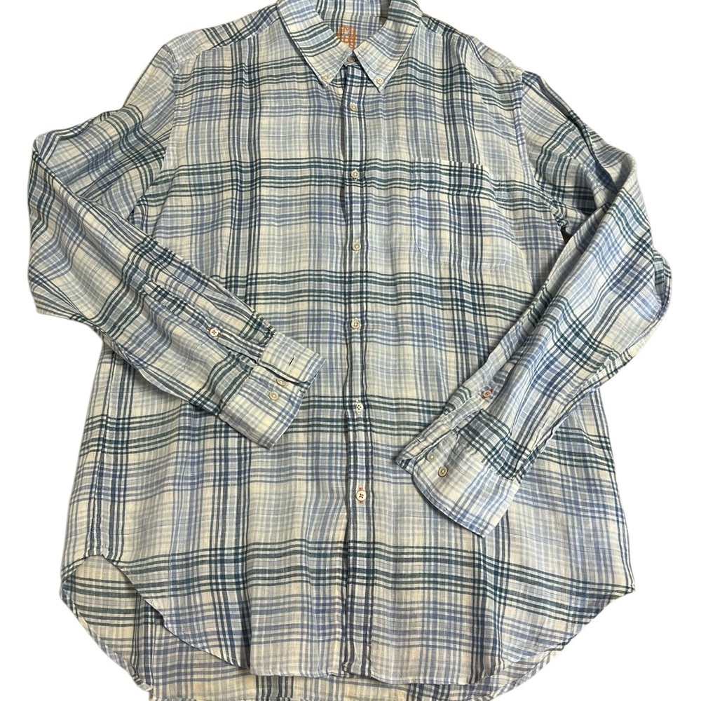 J McLaughlin Mens‎ Large 100% Linen Plaid Oxford Shirt Summer Classic Coastal